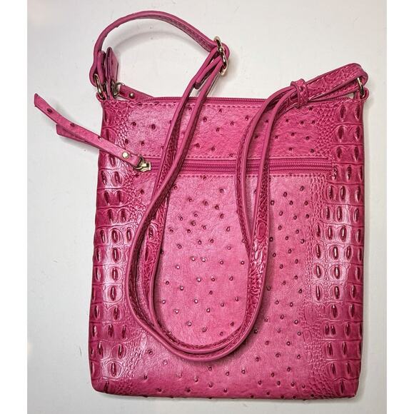 Ostrich Embossed Messenger Bag With Multi Front-Zipped Crossbody Pink - Picture 6 of 9